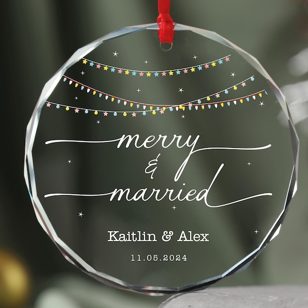 Merry and Married Personalized Christmas Marriage GLASS Ornament