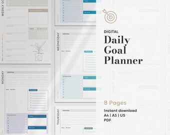 May include: Digital daily goal planner with 8 pages. The planner has a minimalist design with a light gray background and blue accents. The planner includes sections for daily goals, action steps, priorities, notes, and rewards.