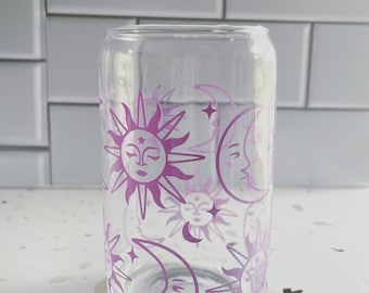 Sun and Moon in Purple Can Glass | Iced Coffee, Iced Tea or Chilled Drink | Add On Bamboo Lid and Glass Straw | Celestial