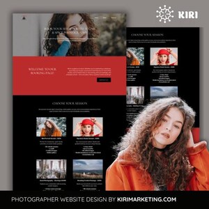 Może przedstawiać: Projekt strony internetowej dla firmy fotograficznej, z kobietą o kręconych włosach i czerwonej kurtce. Strona internetowa ma czarno-czerwony schemat kolorów z tekstem "BOOK YOUR SESSION WITH SUGNG & SPICE PHOTOGRAPHY" i "PHOTOGRAPHER WEBSITE DESIGN BY KIRIMARKETING.COM".