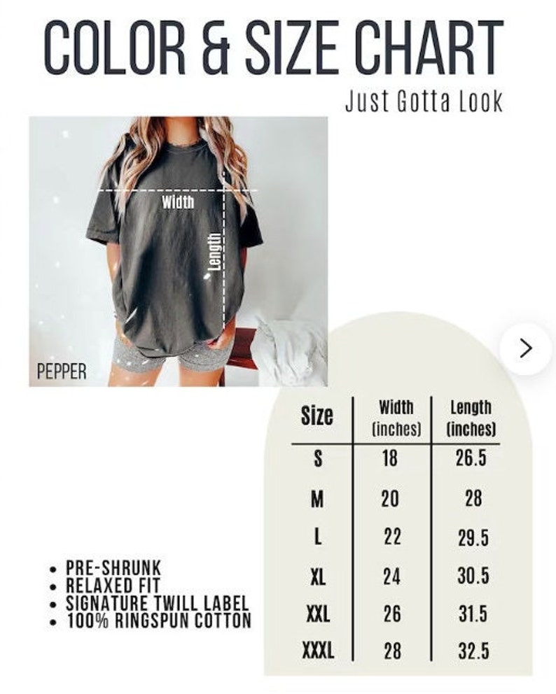 May include: Size chart for a relaxed fit t-shirt with pre-shrunk, 100% ringspun cotton. The chart shows sizes S through XXXL with corresponding width and length measurements in inches.