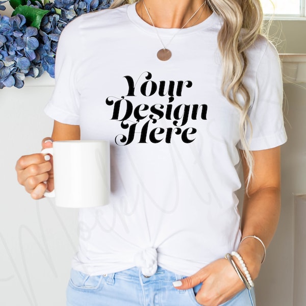 White BELLA CANVAS 3001 Model MOCKUP, White T-Shirt Mock Up, Shirt and mug Mock-up