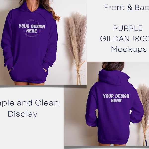 FRONT & BACK Purple Hooded Sweatshirt Gildan 18500 MOCKUPS, Purple Hoodie Mock-Up, Sweat Shirt Mock ups