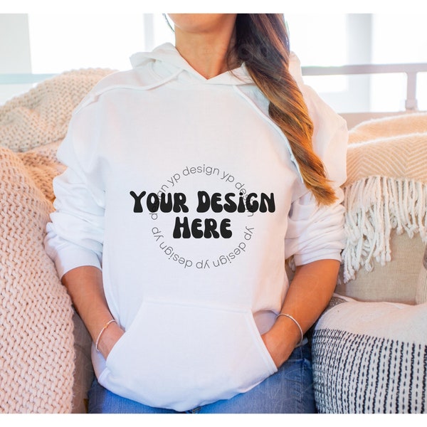 WHITE Gildan 18500 Hoodie Lifestyle MOCKUP | Wht Hooded Sweatshirt Mock Up | Hoddy Mock-up | Model Wearing Sweat Shirt 1850