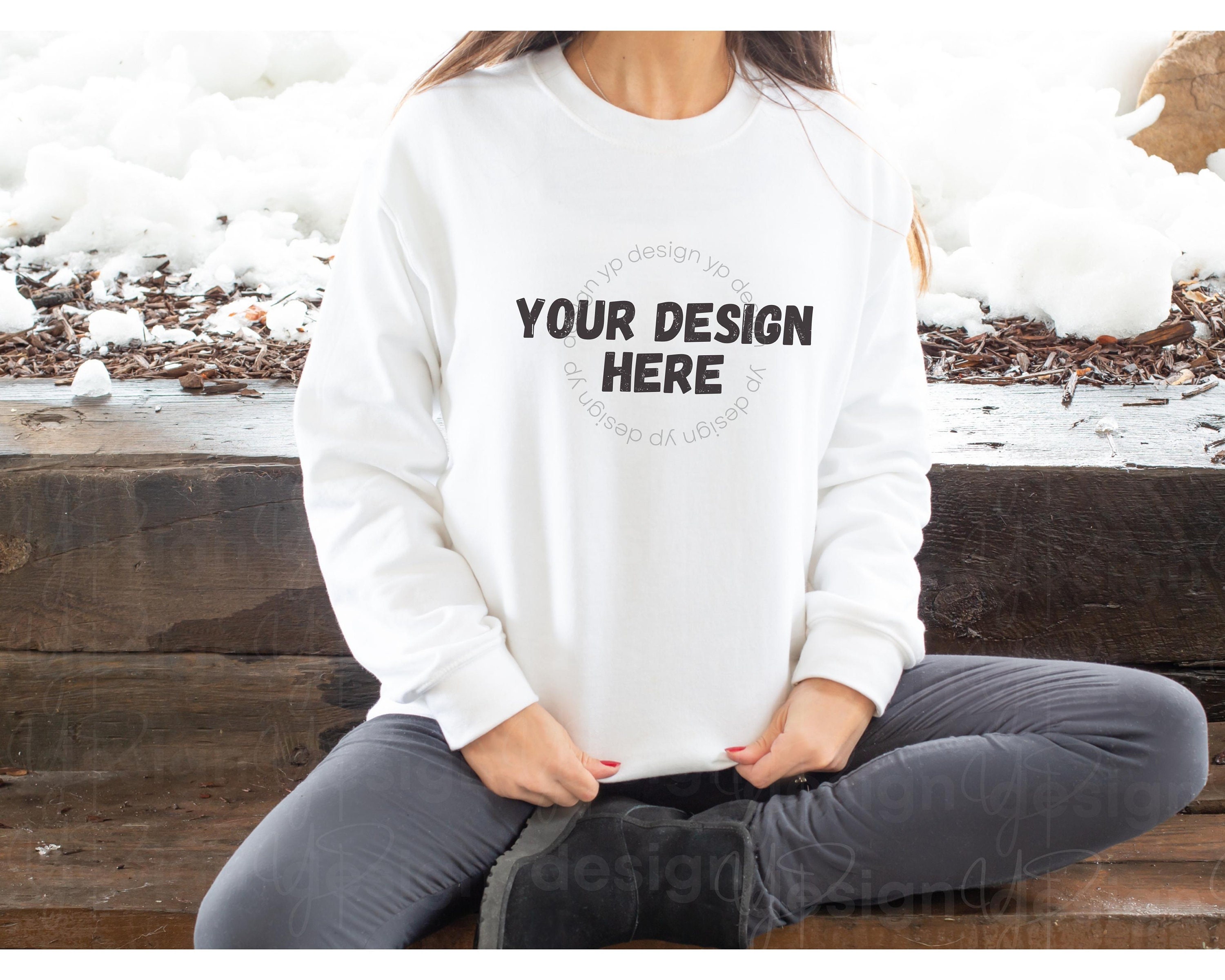 GILDAN 18000 Crewneck SWEATSHIRT MOCKUP White Long sleeve Model Mock Up Winter Long sleeve Mock up