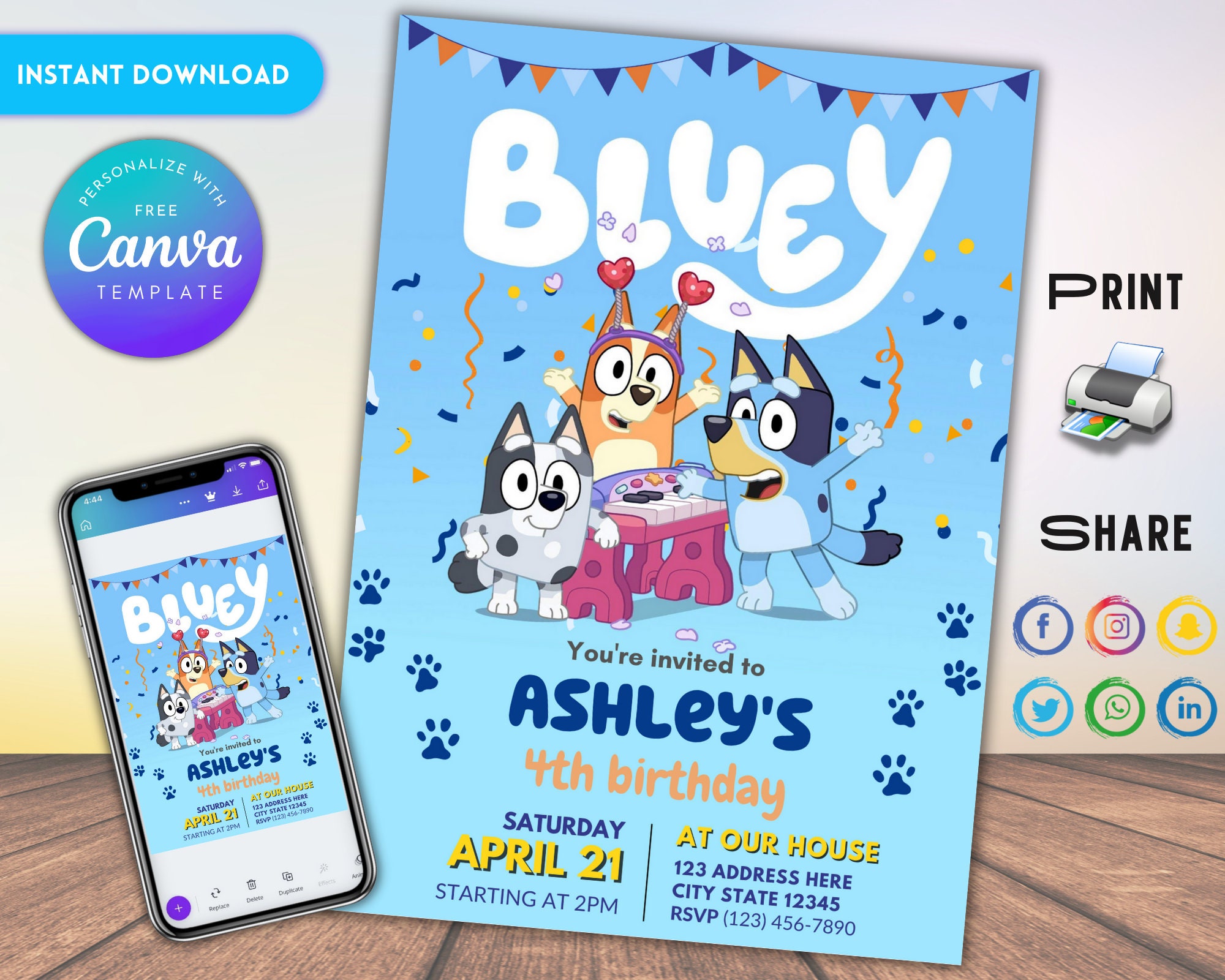 Editable Bluey Party Invitation Bluey Birthday Invitation Etsy UK