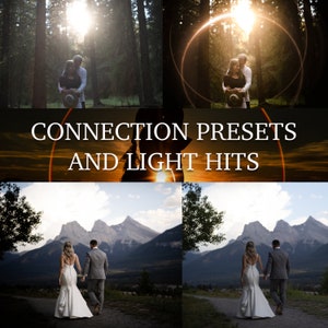 Puede incluir: Una colección de cuatro imágenes que muestran presets de fotografía de boda y efectos de luz. La primera imagen muestra una pareja abrazándose en un bosque con un destello de sol. La segunda imagen muestra una pareja caminando lejos de la cámara en un camino con montañas en el fondo. La tercera imagen muestra una pareja caminando hacia la cámara en un camino con montañas en el fondo. La cuarta imagen muestra una pareja abrazándose en un bosque con un destello de sol.