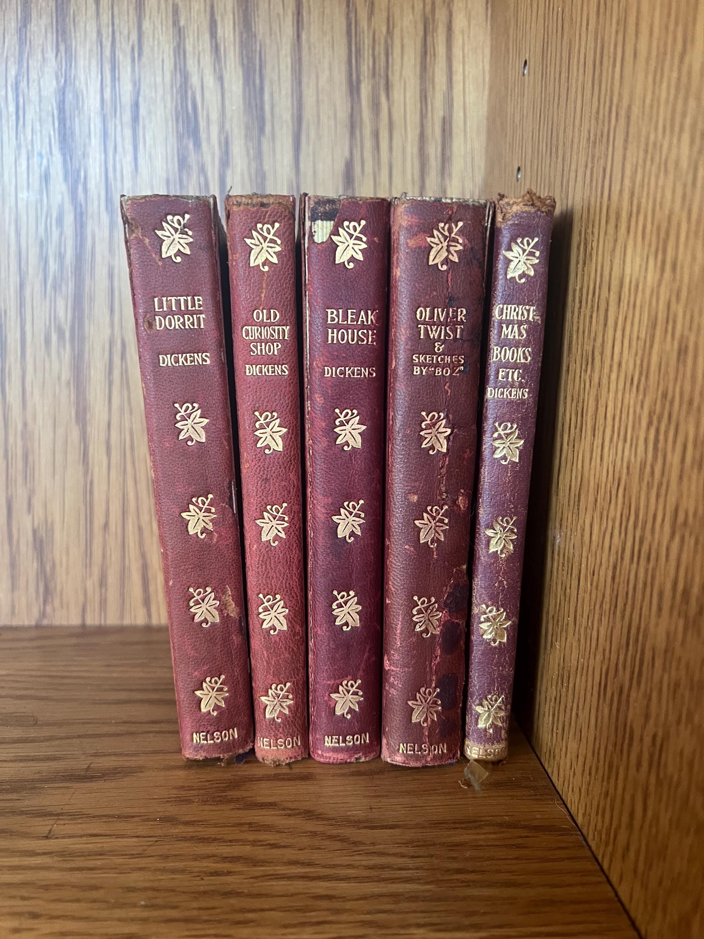 Set of 5 Charles Dickens Leather Books, Gilded Edges, Thomas
