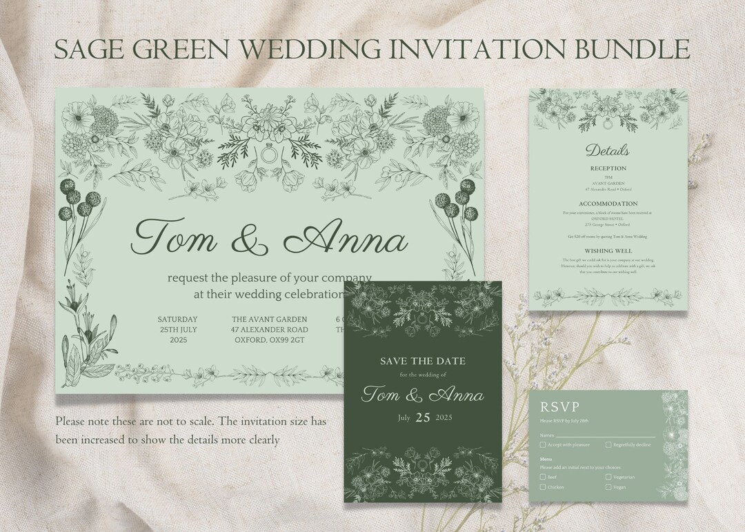 Sage Green Wedding Invitation Template Set Vintage Invite - Etsy Australia