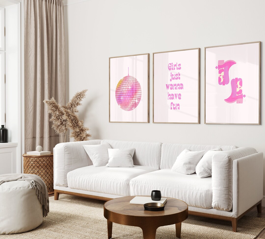 Preppy Room Decor, Western Poster Set of 3, Girly Wall Art, Disco Cowgirl Print, Pink Western ...