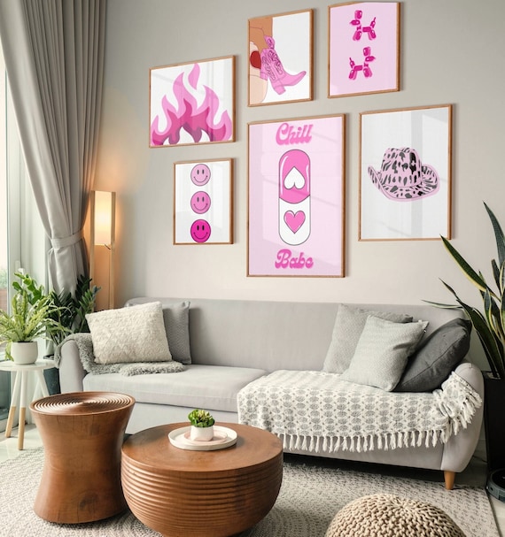 Preppy Zimmer Deko, 6-teilige Wandkunst, Wohnheim Deko, rosa