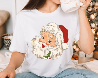 レッドサンタクリスマスバイブスTシャツ、レディースクリスマスシャツ