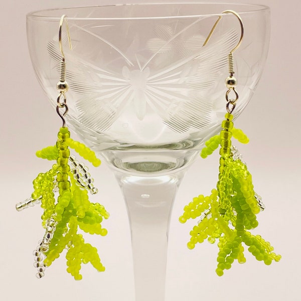 Acid Green Beaded fringe dangle earrings; Chartreuse leaf shaped boho chic fairycore; unusual handmade gift for mom