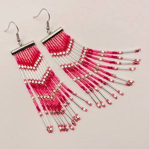 Chic Art Deco hot pink and Silver Beaded Fringe Earrings, Great Gatsby Glamour, perfect party accessory, Jazz Age flapper style, unique gift