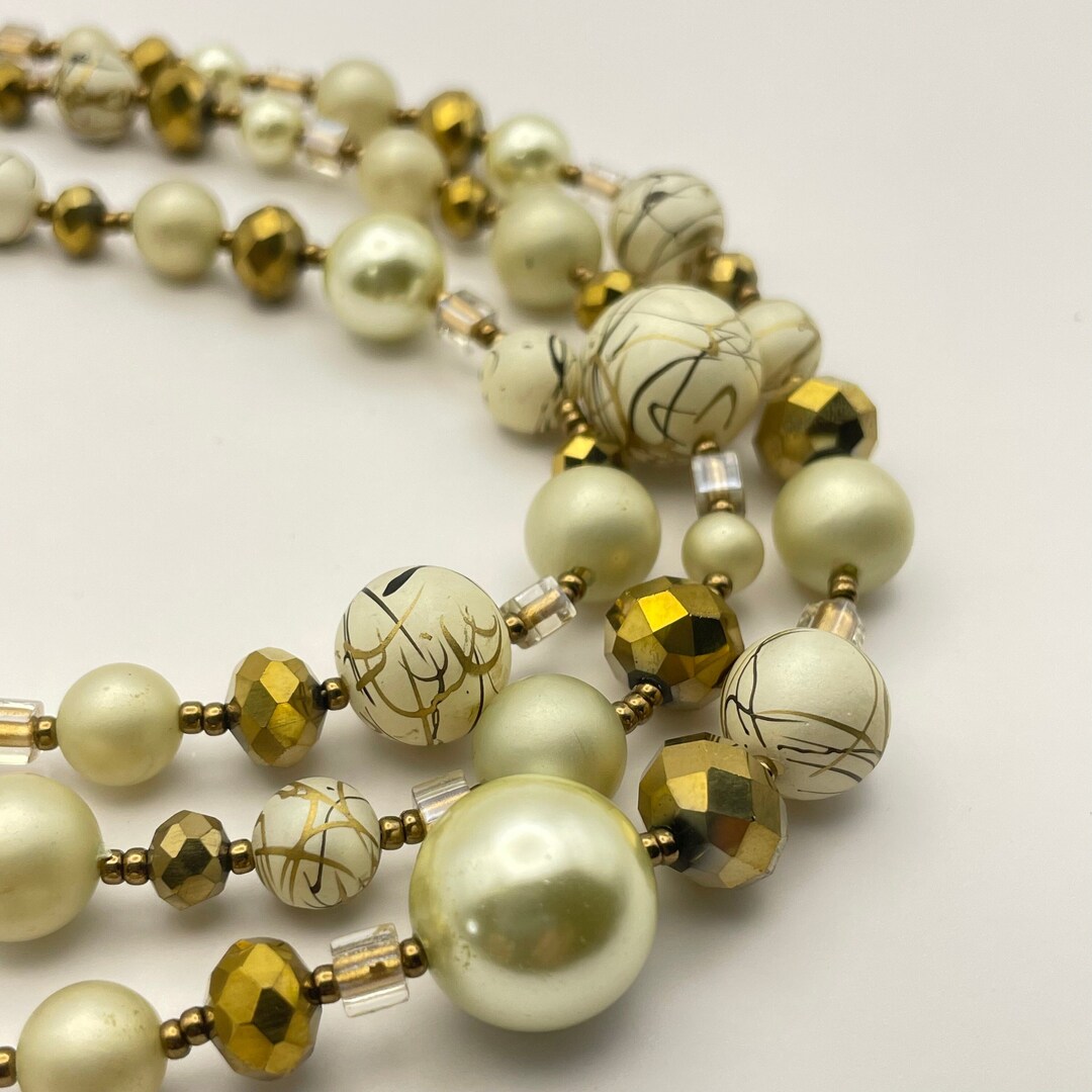Beaded Three Strand Faux Pearl Statement Necklace One of a Etsy