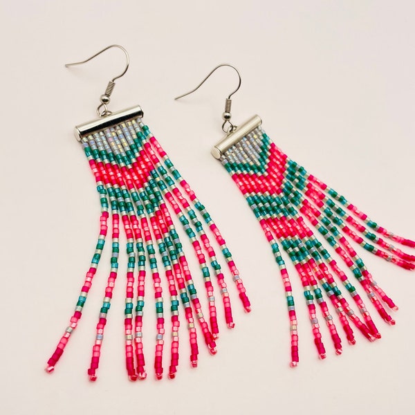 Pink green beaded fringe earrings, boho chic, delicate, sophisticated beach jewelry