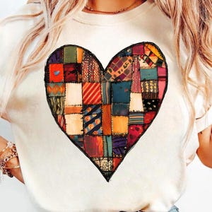 Patchwork Heart PNG, Vintage Quilt Sublimation, Boho Cottagecore Shirt Design, Folk Art Heart PNG, Rustic Country Valentine Digital Download