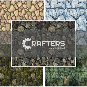 Può includere: Quattro diverse texture di pietra, ognuna con un colore e uno schema diversi. Le texture sono: marrone chiaro con erba verde, grigio scuro con muschio, blu chiaro con crepe e verde scuro con muschio. L'immagine è etichettata "CRAFTERS Made in Poland".