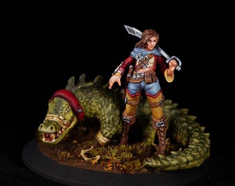 One-Off Pro Painted Female Beastmaster Pirate Miniature – Crocodile Companion for DnD RPG Pathfinder