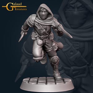 May include: A grey miniature figurine of a hooded figure in a running pose, holding a dagger in each hand. The figure is wearing a hooded cloak, trousers, and boots. The figure is standing on a grey base.