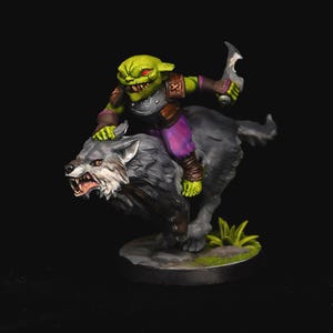 Pro Painted Goblin Wolf Rider Fighter Miniature | 32mm Scale DnD Pathfinder Monster Mini | Goblin Warrior on Mount