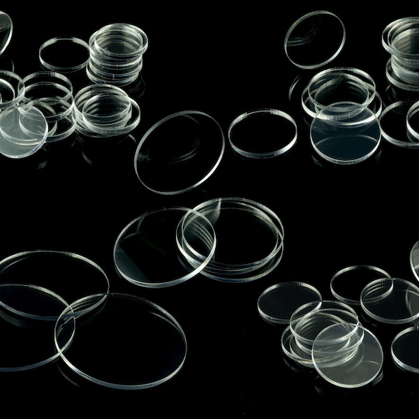 Bases en acrylique transparent de 2 mm 25 mm (20 PCS) 30 mm (15) 32 mm (15) 40 mm (10) 50 mm (10) 55 mm (5) 60 (5) 80 (3)