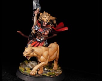 One-Off Pro Painted Human Barbarian Beastmaster Miniature – Fighter with Lioness for DnD RPG Pathfinder