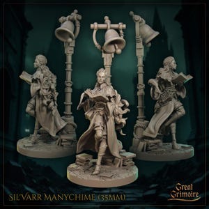 May include: A 35mm miniature figurine of a female character with long hair, wearing a long robe and holding a book. The figurine is painted in a light brown color and is standing on a base with a cobblestone design. The figurine is surrounded by three lampposts with bells on top.