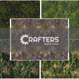 Puede incluir: Cuatro patrones sin costuras diferentes de flores silvestres y follaje verde, marrón y amarillo. Los patrones están dispuestos en una cuadrícula con un logotipo blanco en el centro que dice "CRAFTERS Made in Poland".