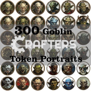 Può includere: 300 Ritratti di gettoni goblin. Una collezione di 36 immagini circolari che presentano vari personaggi goblin con diverse espressioni facciali e caratteristiche. Ogni immagine ha un bordo dorato.