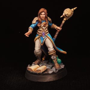 Pro Painted Female Mage Miniature | Fantasy Sorceress with Staff and Spellbook | RPG Magic Caster Figure