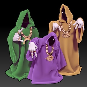 May include: Three hooded figures wearing robes in green, purple, and gold. Each figure has a gold chain necklace with a pendant. The figures are posed with their hands up, as if they are making a gesture.
