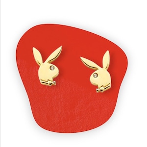 925 sterling silver 14k plated gold Play Bunny Earrings Gold Playboy Jewelry Gift for her, for him, Fashionable handmade unique