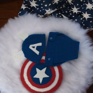 Captain America costume.captain America hat an shield.0/9 Moon photo shoot.4 piece set. Halloween. hand knitting, newborn captain America image 2
