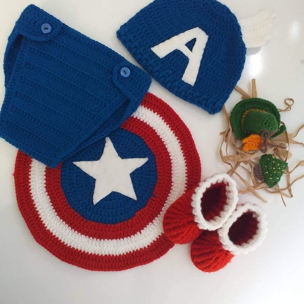 Captain America costume.captain America hat an shield.0/9 Moon photo shoot.4 piece set. Halloween. hand knitting, newborn captain America