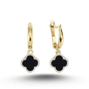 925 sterling silver 14k gold plated clover  zircon and oniks stone earring handmade gift.