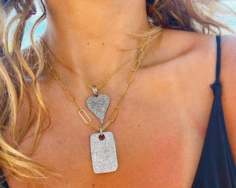 Pave Diamond Dog Tag on Gold-Filled Paper Clip Chain