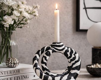 Zebra Candle Holder, Handmade Ceramic Candle Holder, Sculptural Taper Candle Holder, Black White Home Decor, Housewarming Gift