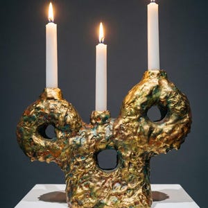 Puede incluir: Un candelabro dorado de textura rugosa e irregular con tres aberturas circulares. La pieza sostiene tres velas blancas encendidas, con la vela central posicionada a una altura menor que las dos velas exteriores sobre la estructura.