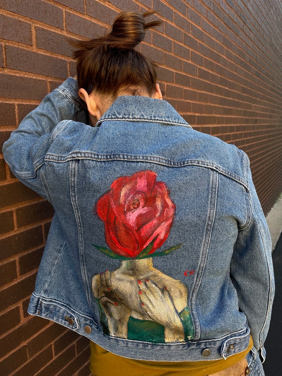 ROSE Head UNIQUE Custom Hand Painted Denim Jacket Size
