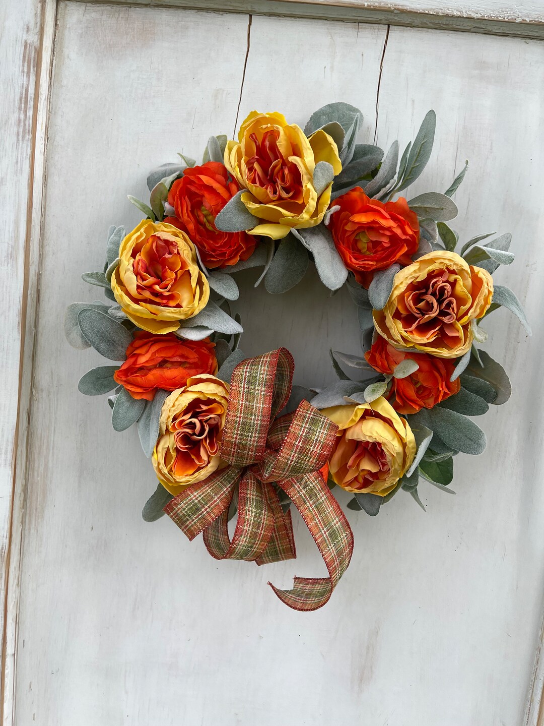 Fall Wreath for Front Door Lambs Ear and Cabbage Roses Wreath - Etsy
