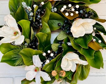 Magnolia wreath for front door: Magnolia Wreath with blueberries/Spring wreath/Farmhouse wreath/Housewarming gift/modern farmhouse wreath