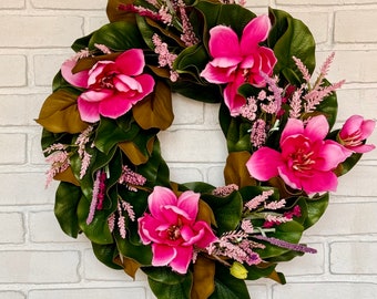 Spring magnolia wreath for front door, pink magnolia blooms wreath, magnolia decor wreath, farmhouse wreath/ cottage core wreath