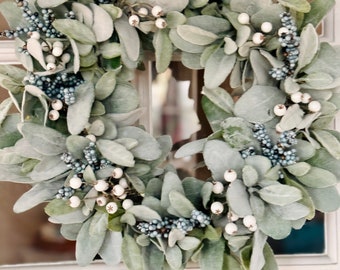 Winter wreath for front door/Spring  lambs  ear with blue berrys/farmhouse  wreath/farmhouse decor/ blueberry  wreath