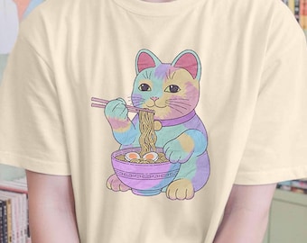 Lucky Cat Eating Ramen, Funny Cat Tee, Japanese Cat, Ramen Maneki Neko T-Shirt, Kawaii Fashion, Cat Mom Gift