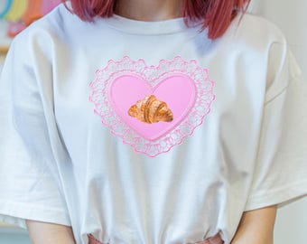 Retro Croissant Heart T-Shirt, Cute Foodie Tee, Funny Gift for Bakers, Valentine&#39;s Day, Brunch Lover, Softstyle Shirt