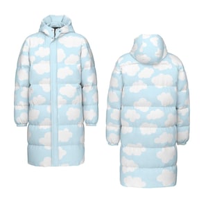 May include: A long, hooded puffer coat featuring a light blue sky background with white cloud patterns. The coat has a full-length zipper and pockets. The image shows the front and back of the coat.