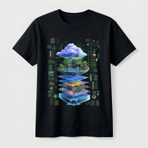 May include: A black short-sleeve t-shirt featuring a graphic print of a multi-layered ecosystem. The design displays a floating island with a cloud, tropical plants, and water, stacked above various geological strata, all surrounded by technical data.