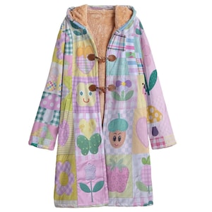 May include: A long-sleeved, hooded patchwork coat with a pink, yellow, and green color scheme. The coat features a variety of cute cartoon designs, including butterflies, flowers, and mushrooms. The coat has a button closure and a soft, plush lining.