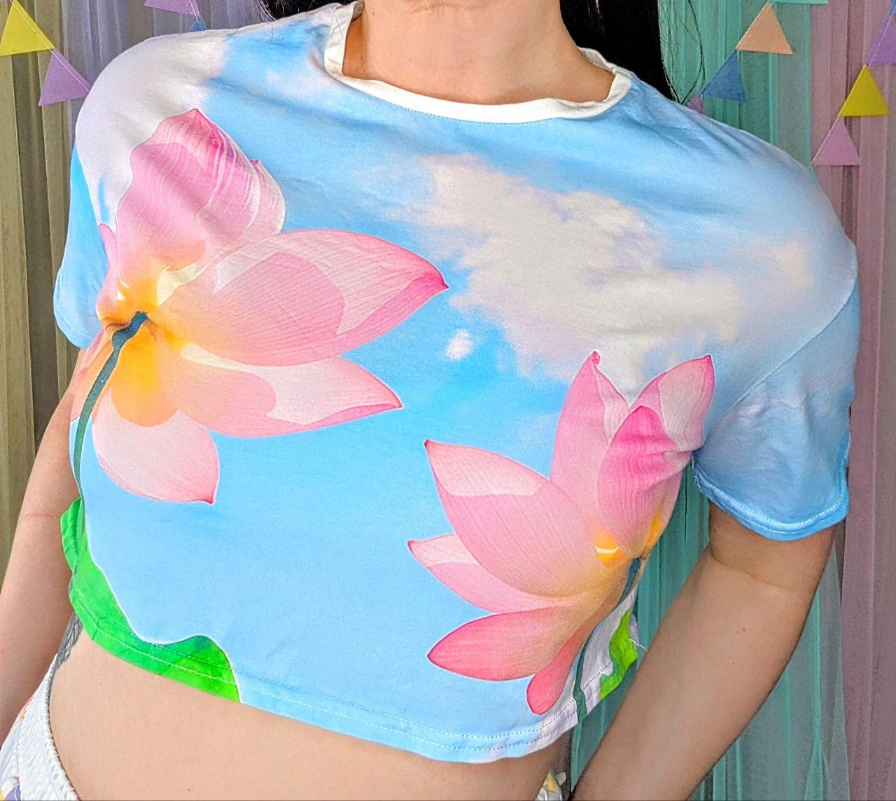 Frutiger Aero Shirt Pink Lotus Crop Top  Water Lily Tee 100% Cotton